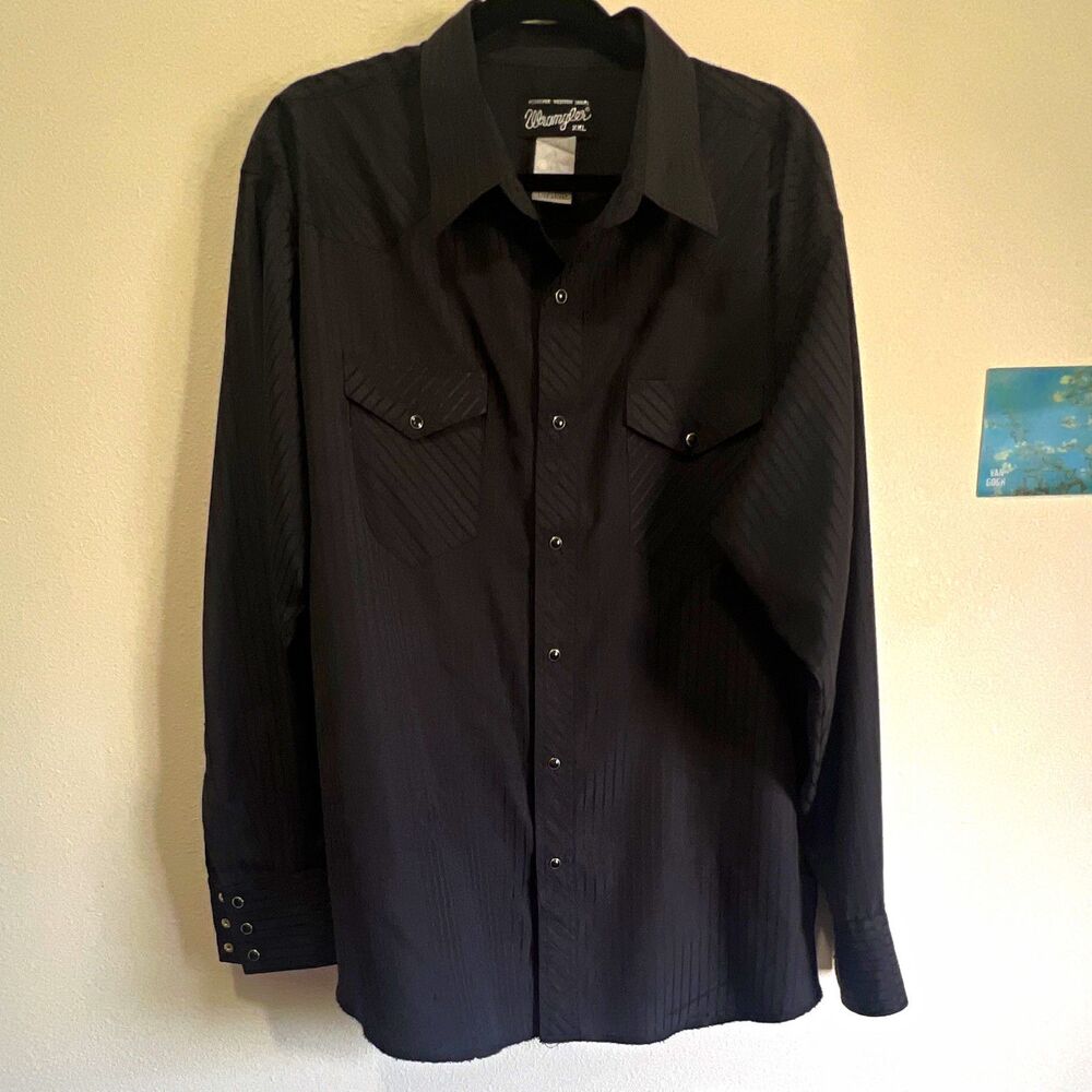 Wrangler Button-Up Long Sleeve Shirt Men's 2XL Solid Black Point Collar Pockets